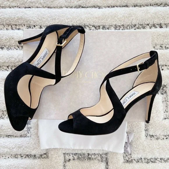 NEW JIMMY CHOO Emily 85 Crisscross Heel Sandal Black Suede EU 37 US 7